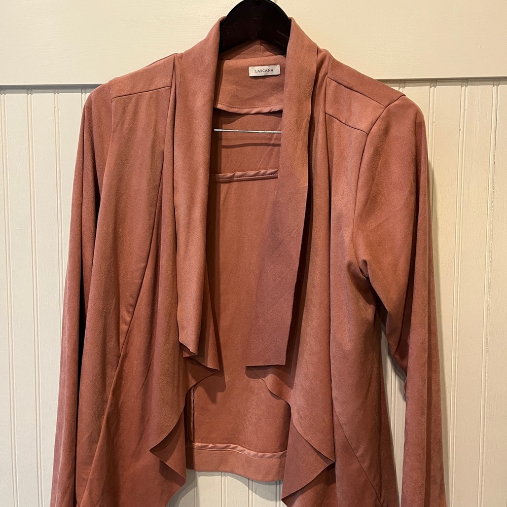 Lascana Dusty Rose Waterfall Drape Open front Suede-like Cardigan Jacket Size 10